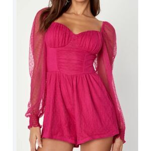 Lulus Romper Sheer Sleeve Textured Magenta Size Medium